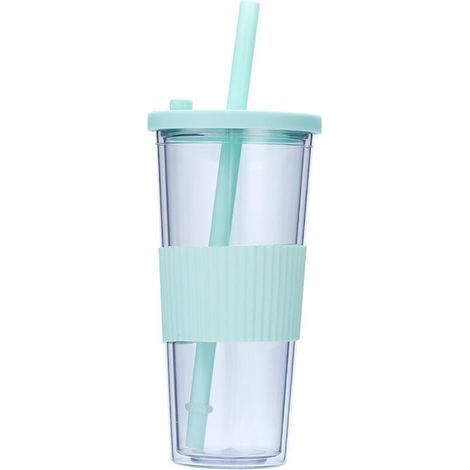 Bicchiere di plastica a doppia parete con coperchio e bicchiere verde paglierino (1/3)