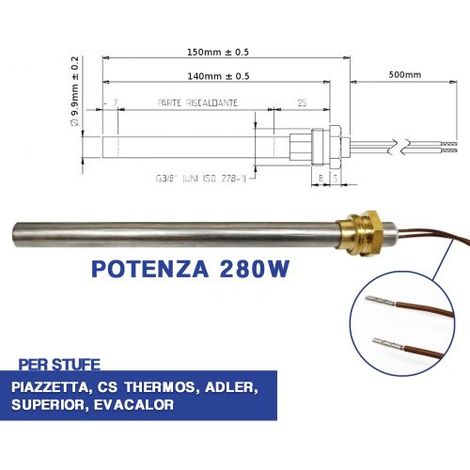 CANDELETTA ACCENSIONE STUFA PELLET RESISTENZA D 10 X 140 280W A VITE 3/8 (04053) (1/5)