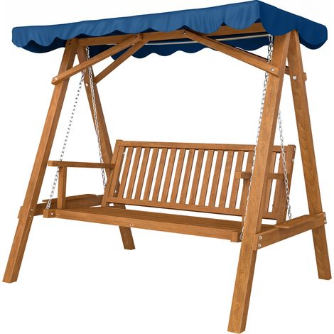 Balançoire de jardin trois places en bois avec auvent, 210 x 130 x 185 cm.