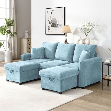 Divano angolare modulare 52x52 cm blu in chenille con contenitore e funzione letto (1/5)