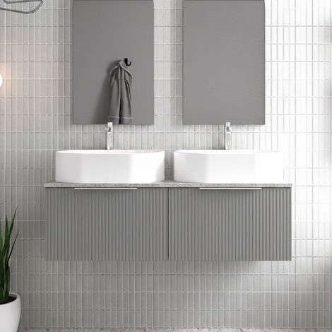 Hudson Reed Fluted Wall Hung 2-Drawer Vanity Unit with Bellato Grey Worktop 1200mm Wide - Satin Grey (1/4)