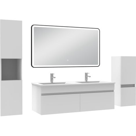 Acezanble Meuble double vasque 120cm avec colonne + miroir lumineux 3 couleurs + dimmable blanc (1/5)