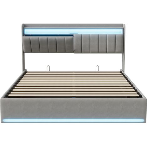 Cama canapé gris 140 x 200 cm con cabecero de almacenaje e iluminación LED HOMVRA (1/5)