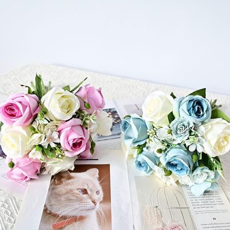 Bouquet de roses réalistes en soie de 45 cm, 9 têtes de fleurs artificielles pour centres de table de mariage, décoration d'intérieur, arrangements de fête, rose (1/5)