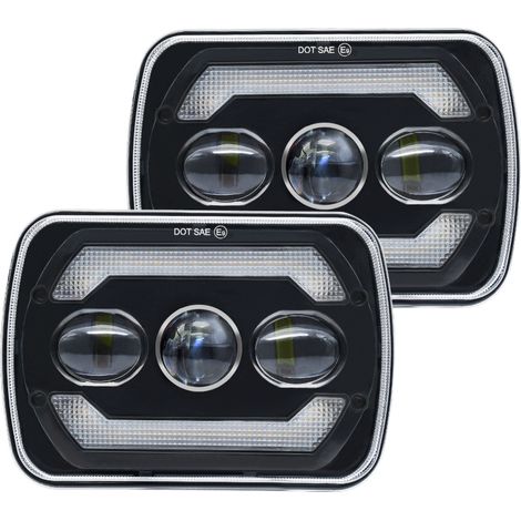 Lot de 2 phares LED 7 pouces homologués (7x6 et 5x7 pouces) avec feux de route/croisement blancs, feux de jour (DRL) et clignotants ambre. Phare carré 7 pouces, 6000K, 180W, étanche IP67. (1/5)