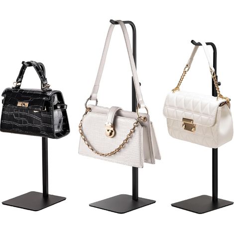 Set of 3 handbag display stands: black stand for bags, handbags and wreaths, adjustable hook for table, closet and retail use for salespeople