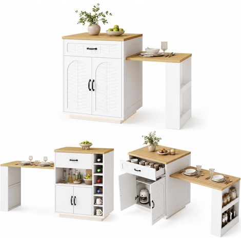 FurnitureR Oak Extendable Kitchen Island 141 to 193.5cm with Wine Rack (1/5)
