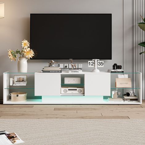Mobile TV 200 cm Flottante Lucido con LED, Banco Televisione Basso Sospeso con 2 Cassetti e Ripiani in Vetro Temperato, per TV 60-75 Pollici, Controllo App & Telecomando - Bianco
