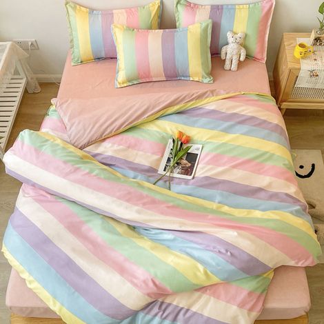 Ensemble de 4 pièces en coton lavé pour lit de 180 cm – Housse de couette 180x220 cm, drap plat et 2 taies d’oreiller – Literie douce, respirante et sans plis pour étudiants et jeunes adultes