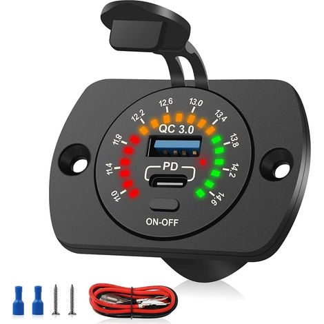 12V sortie USB, 30W PD USB C  18W QC3.0 ports prise de chargeur de voiture avec voltmètre de couleur, interrupteur pour camion de bateau RV