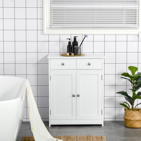 Meuble de salle de bain à 2 portes avec étagère réglable et 2 tiroirs en bois, 60 x 30 x 75 cm, blanc (1/5)