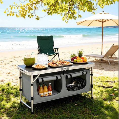 Mesa de camping plegable 120 x 47 cm, altura regulable, bolsa, negro y gris DESVIAE (1/5)