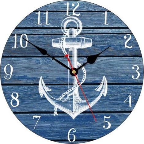 34 cm Blanc Ancre Schéma Horloge Murale, Non tic-tac Silencieux Horloges, Nautique Rétro en Bois Chiffre Arabe Horloges, Facile à Lire Pendules murales pour la Cuisine/Le Salon/Chambre (1/5)