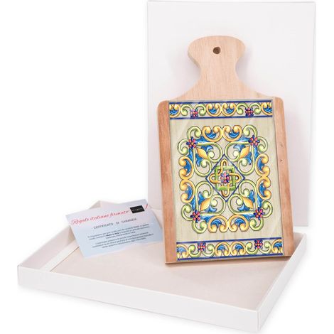 Lupia - Bomboniera con Scatola bianca TAGLIERE in legno con vetro stampato MAIOLICA BEIGE 12x21 cm, idea regalo per Matrimonio Cresima Comunione Battesimo Anniversario Compleanno (1/4)