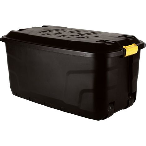 75L Heavy Duty Trunk on Wheels Sturdy, Lockable, Stackable and Nestable Design Storage Chest with Clips in Black (1/5)