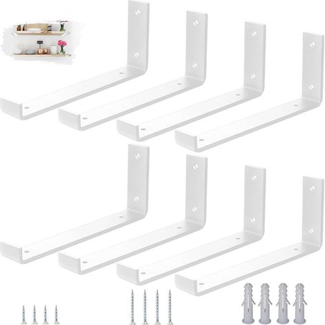 Lot de 8 - Equerre Etagere Murale - Support Acier - Charge Lourde 45kg - Rebord Anti-Glissement - Intérieur Garage Bureau - Blanc - 30cm