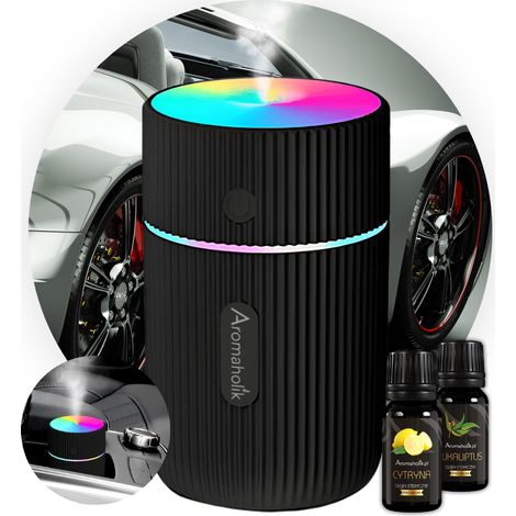 Difusor de aromas USB negro para coche - Humidificador de aire LED + Aceite
