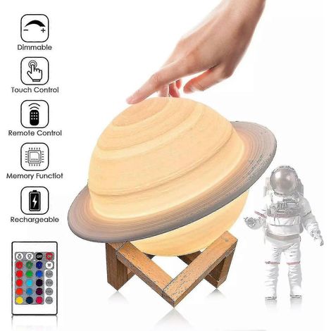 Lampe de nuit Saturne imprimée en 3D, 16 couleurs, télécommande tactile, lampe de chevet, décoration de chambre, lumière de lune, cadeau pour enfants (Taille, couleur : 13 cm - télécommande (1/5)