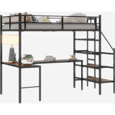 Lit mezzanine avec bureau en L, dimensions 90190 cm, grand espace de rangement, étagères, structure de lit stable avec escalier et garde-corps continu, gain de place, silencieux et sans ressorts