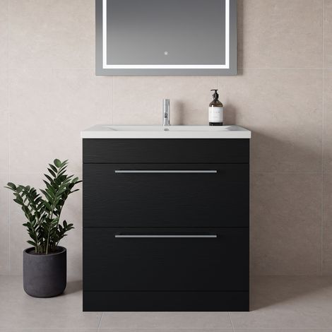 Napoli 460 Nero Oak 800mm 2 Drawer Vanity Unit with Glide Basin - 800mm - Chrome 480mm Handle