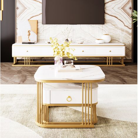 Table basse gigogne 60x60x45 cm blanc et doré – finition marbre, avec tiroir (1/5)