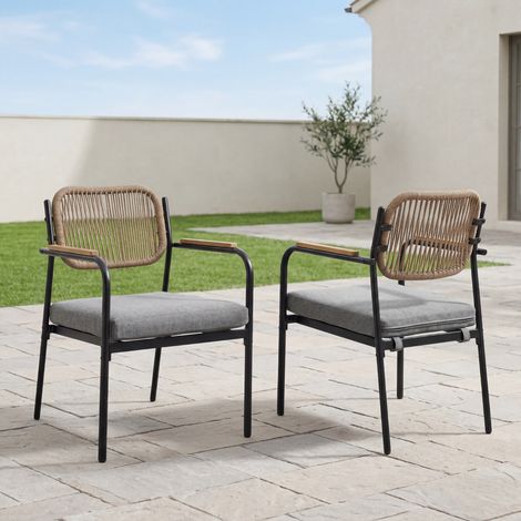 Wahson Chaise Jardin Exterieur avec Pieds en Métal, Lot de 2 Fauteuils Jardin avec Dossier en Corde Tressée, Chaises Exterieur pour Terrasse, Salon de Jardin, Beige (1/5)