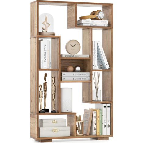 Bibliothèque à 9 Compartiments, 70 x 20 x 120 cm, en Bois, géométrique, avec étagères Ouvertes, Protection Anti-basculement pour Bureau, Salon (Bois) (1/5)