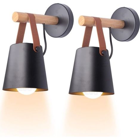 Lot de 2 appliques d'intérieur vintage minimaliste Lampe murale moderne E27 avec abat-jour en métal et support en bois pour chambre à coucher, bureau et couloir (noir) (1/5)