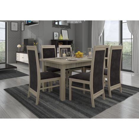 Ensemble table extensible 140-180cm et 6 chaises en bois clair sonoma et tissu gris foncé Komba (1/5)