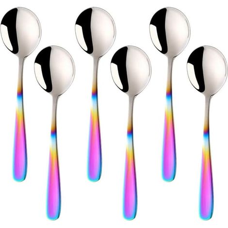BelleRise - Ensemble de cuillères à bouillon, cuillères à soupe rondes de 18 cm, finition acier inoxydable (dégradé arc-en-ciel) COLORÉ (1/5)