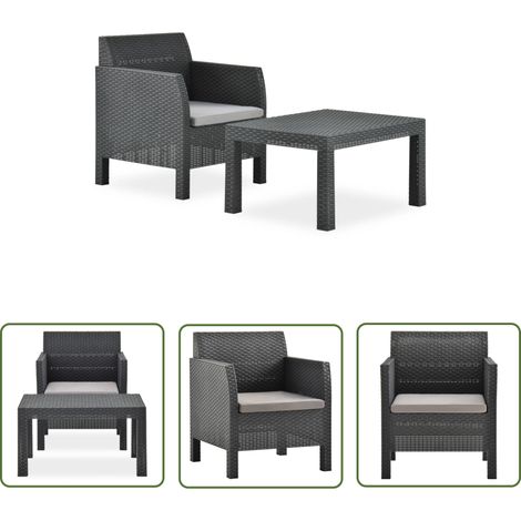 The Living Store Salon de jardin 2 pcs avec coussin PP Rotin Anthracite - Salon De Jardin - Meuble Extérieur - Set De Salon - Fauteuil De Jardin - Table Basse (1/5)