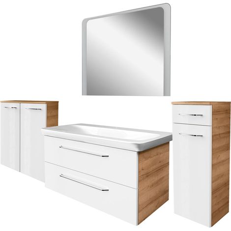 Fackelmann MILANO Badmöbel Set 5-teilig, 100 cm, Braun hell/Weiß, Keramik, LED-Spiegel+Midischränke"-"90313145 (1/4)