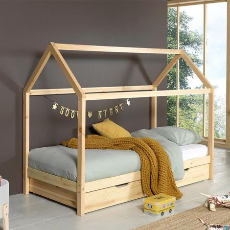 Lit Enfant Cabane & Tiroir "Dallas" 90x200cm Naturel (1/3)
