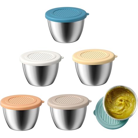 Ensemble universel de 6 bols à trempette en acier inoxydable, mini pots avec couvercles - récipients de 80 ml pour vinaigrette, adaptés aux sauces, trempettes, collations et herbes. (1/5)