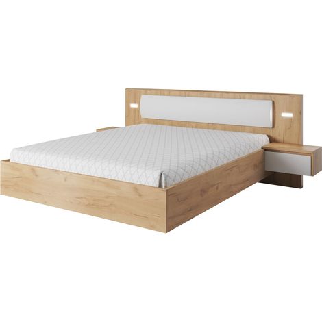 Letto 160x200 con 2 comodini, Rovere Craft bianco + oro, 256 x 92,3 x 208,2 cm