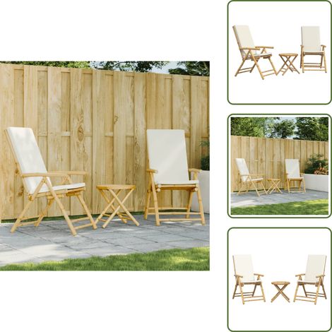 Ensemble de bistro pliante 3 pcs et coussins blanc crème bambou - Meubles De Jardin - Salon De Jardin - Ensemble De Bistro - Mobilier Extérieur - Chaises Inclinables (1/5)