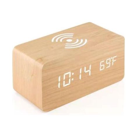 Réveil en bois avec chargeur sans fil Qi compatible avec iPhone Samsung Horloge numérique LED en bois Fonction de contrôle du son, heure, date, affichage de la température pour chambre à (1/5)