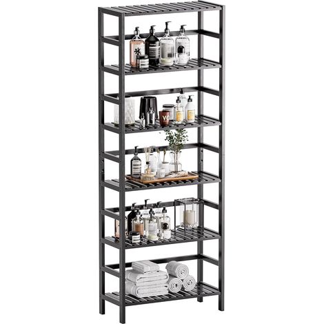 Bibliotheque 6 Niveaux, Etagere Salle de Bain Rangement Bambou avec Étagères Réglables, Support de Plantes Gain de Place, pour Salon, Bureau, Cuisine, Noir (1/5)