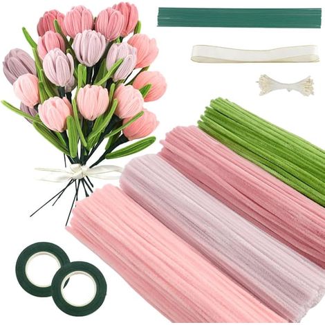 [KK] Kit de 400 cure-pipes, fil chenille, cure-pipes en forme de tulipe - 4 couleurs - avec 2 rouleaux de ruban floral, 20 tiges de fleurs (1/4)