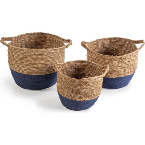 Set de 3 cestas Anxo de fibra natural con asas, azul/natural