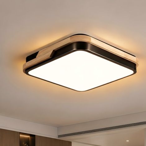 Plafoniera LED quadrata in legno 30×30 cm, 25 W 2500 lm, luce calda 3000 K, cornice in metallo, nero naturale, per soggiorno e camera (1/5)