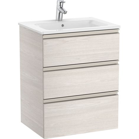 Pack Unik mueble base de 3 cajones + lavabo central THE GAP - ROCA Color: Fresno nórdico - Medidas: 605x460x763 mm