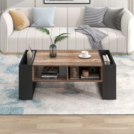 Mesa baja rectangular con 1 cajón y 4 compartimentos de almacenamiento, 106.4 x 40 x 60 cm, marrón y negro (1/5)