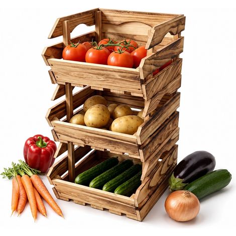 Relaxdays Flamed Paulownia Stackable Crates, Set of 3, 20x27.5x38 cm, Wooden Fruit Storage, Natural (1/5)
