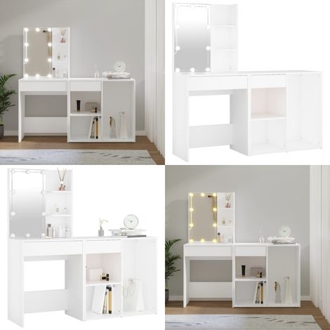 Toeletta con LED e Armadietto Bianco in Legno Multistrato - Tavolino da trucco LED - Armadietto per trucchi