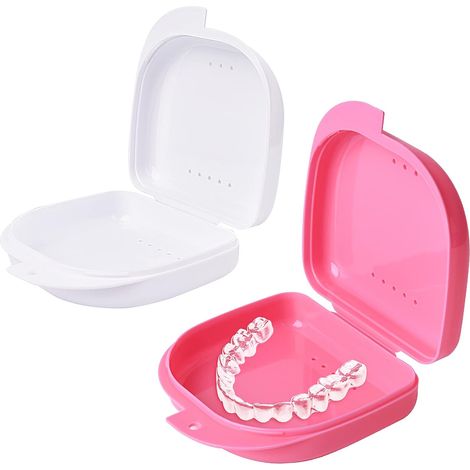2 boîtes pour appareils de contention, contenant pour prothèses dentaires partielles (rose + blanc) (1/4)