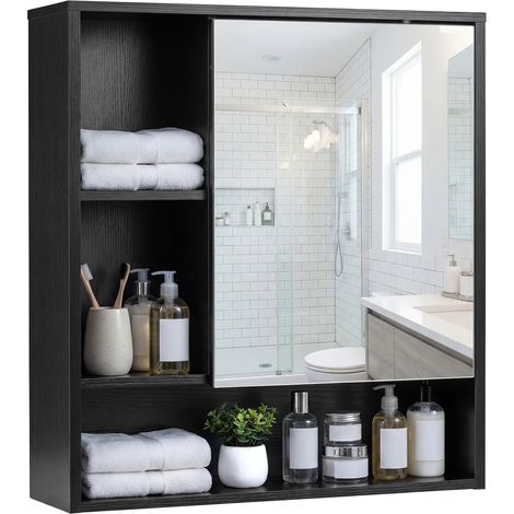 Armoire Murale de Salle de Bain avec Porte Miroir, Armoire à Pharmacie avec Porte et 3 Compartiments Ouverts, Armoire Suspendue, 16 x 56 x 61 cm, Noir