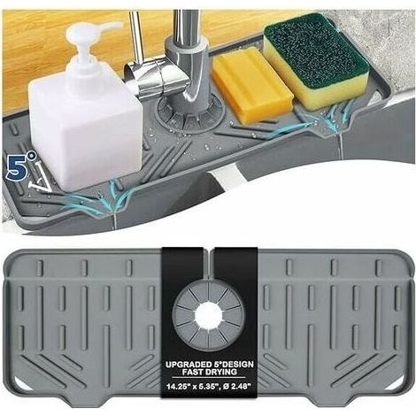 Tropffreie Silikon-Abtropfmatte mit Wasserhahngriff, Spülmittel-Schwammhalter für Küchenspülenzubehör, Abtropfmatte für die Küchenarbeitsplatte (grau) (1/5)