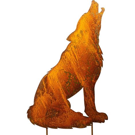 1 Piquet de jardin Loup hurlant, Métal finition patinée, Déco extérieur brun rouille, Ornement parterre fleurs (1/5)