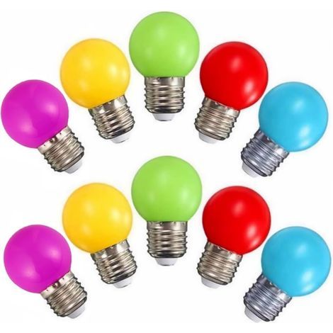 Lot de 10 mini ampoules LED culot E27 3W multicolores (violet, jaune, vert, rouge, bleu) pour chambre ou mariage (1/5)